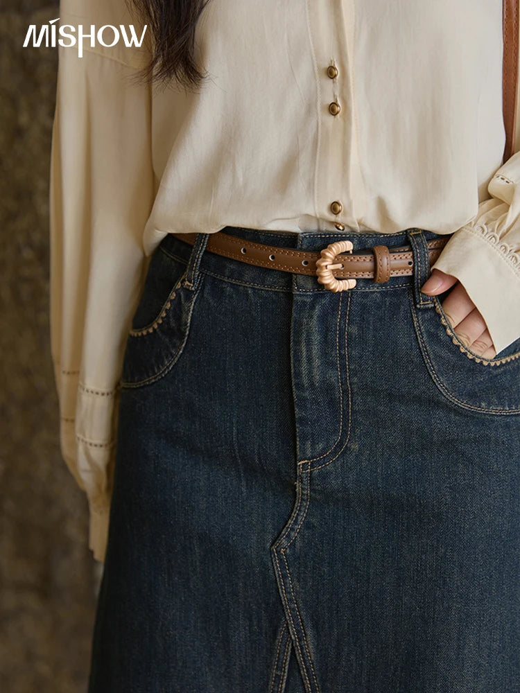 MISHOW High Waist Slim Denim Skirt Pocket Rear Hem Split MXE41B2379