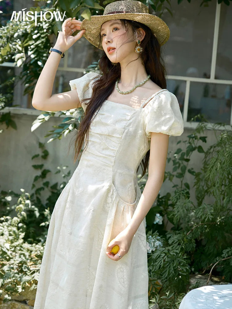 Mishow Paisley Embroidery Square Neck Puff Sleeve Dress MXE34L2265