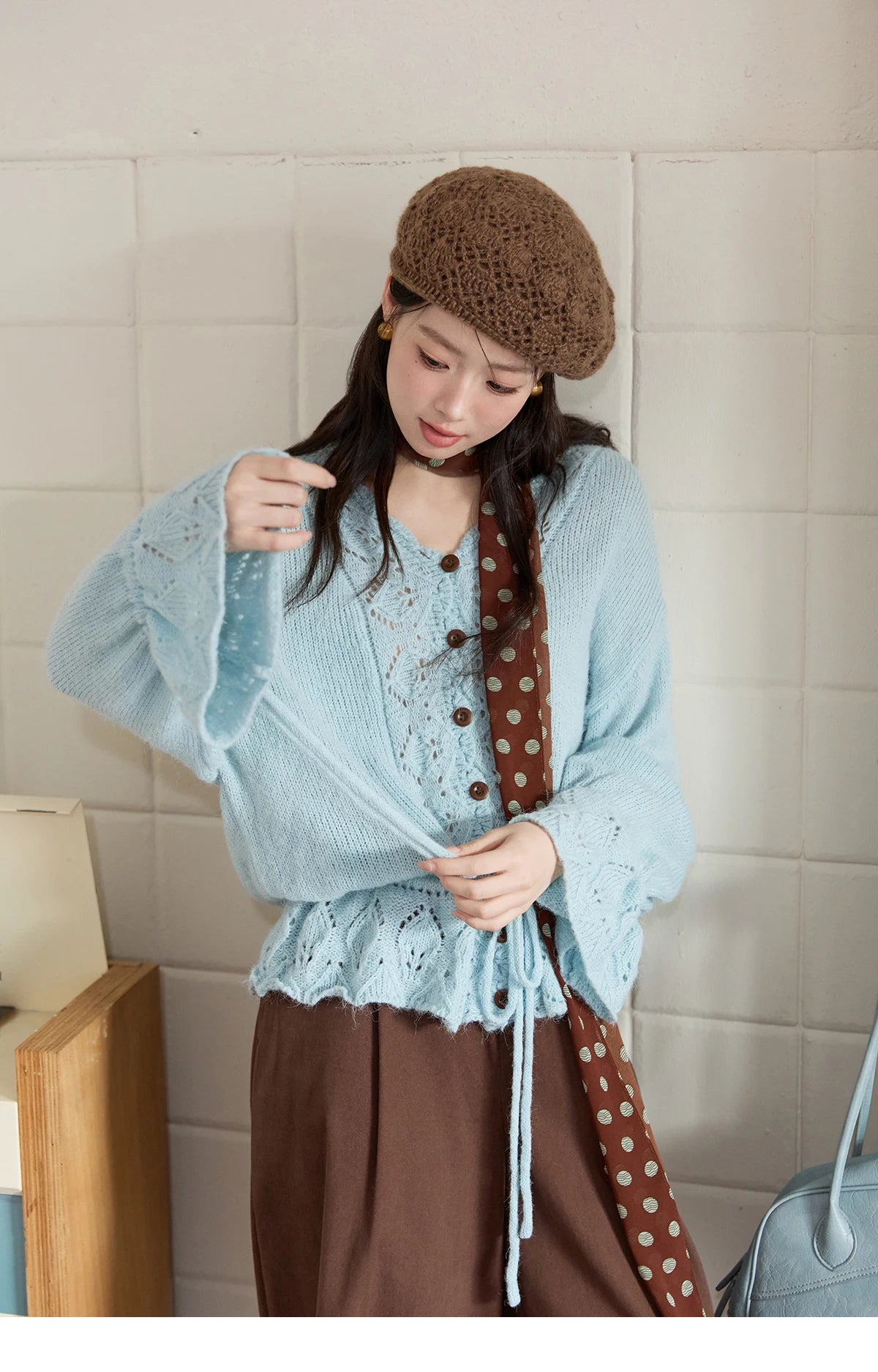 Mishow Hollow Knit V-Neck Flared Sleeve Cardigan MXE47Z2513