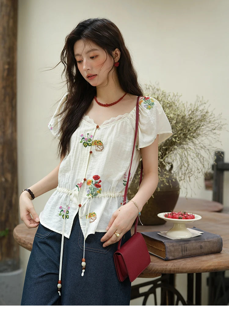 MISHOW Flower Embroidery Square Neck Lace Blouse MXE37X1895