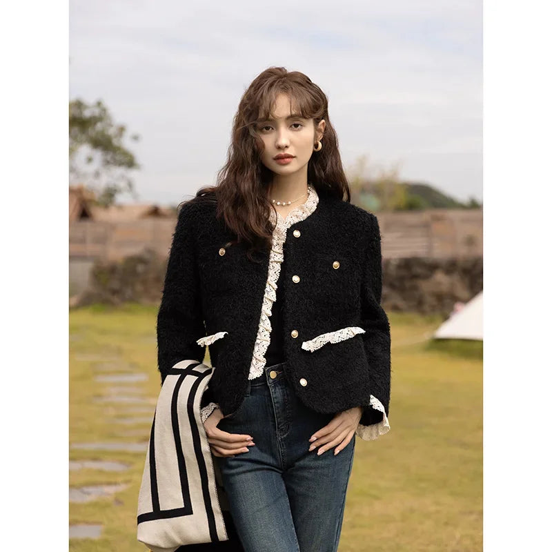 MISHOW Wool Coat Lace Splicing Lamb Wool Button Pockets MXB43W0720