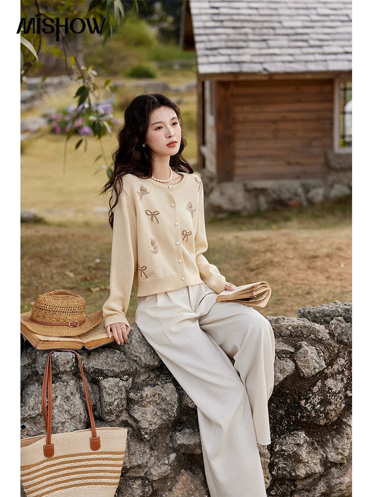 Mishow Yellow Dog Bow Jacquard Pearl Button Sweater MXE13Z1197