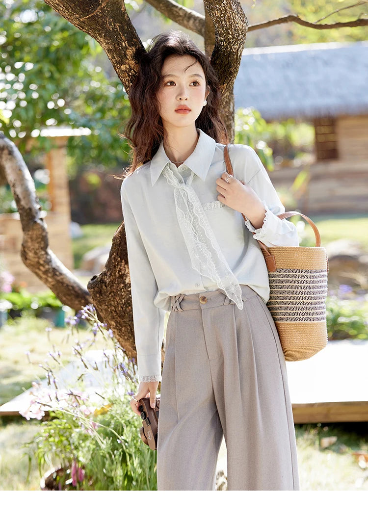 MISHOW Lace Trim Blouse Turn-Down Collar MXE16C0760