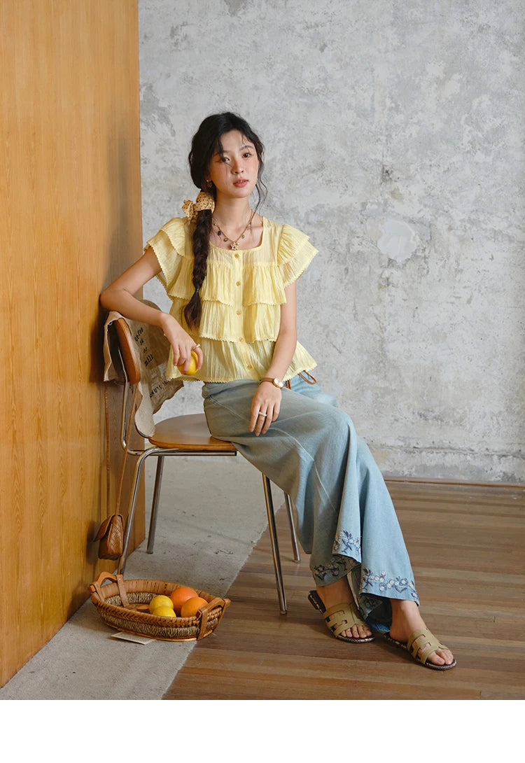 MISHOW Butterfly Sleeve Chiffon Shirt Square Neck Button MXD30X1488