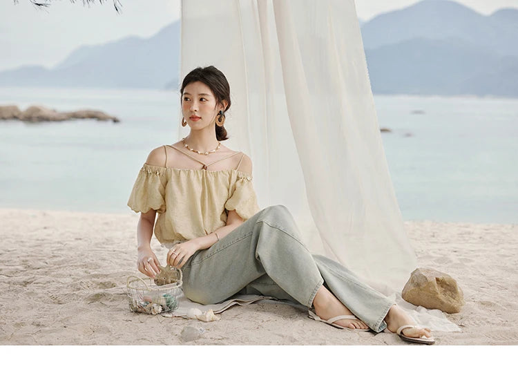 MISHOW French Camisole Shirt Off-Shoulder Lace Puff Sleeve MXE33X1755