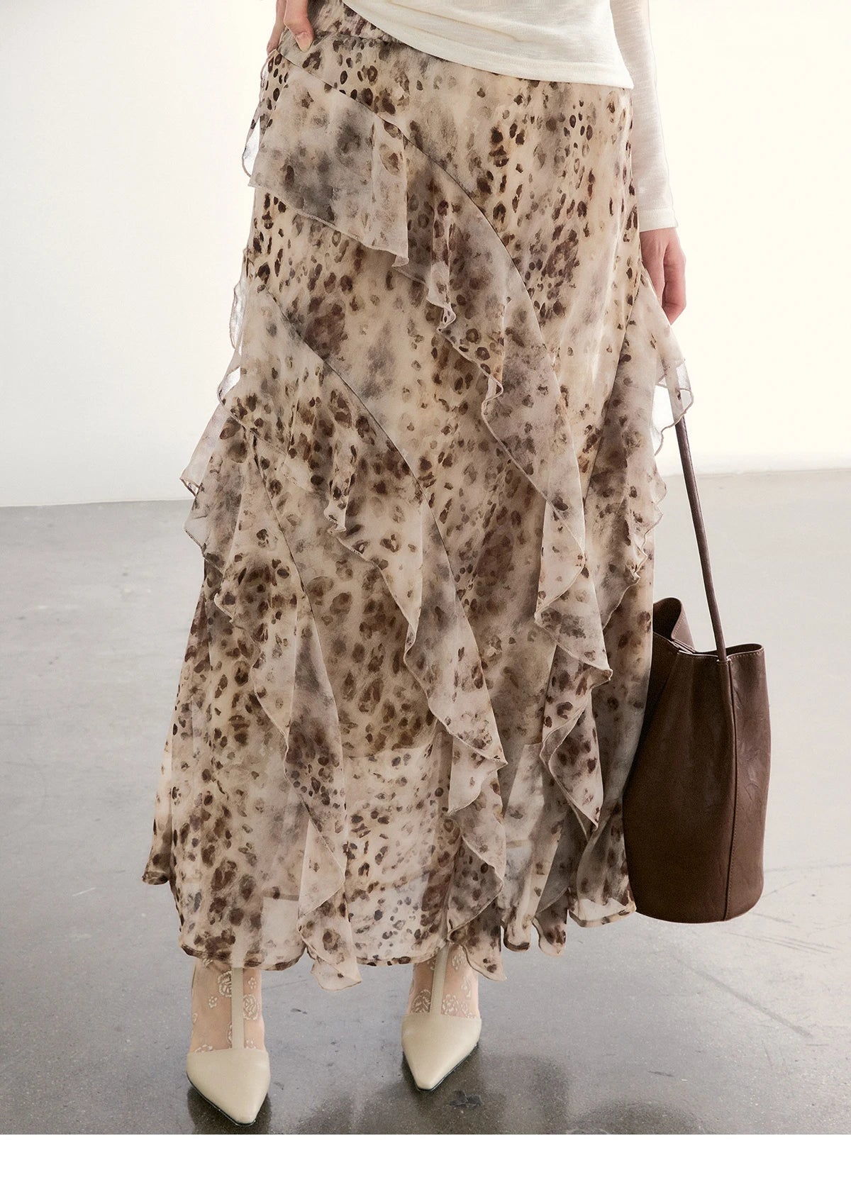 MISHOW Leopard Print Maxi Skirt Ruffled Chiffon Elastic Waist MXF108B0772
