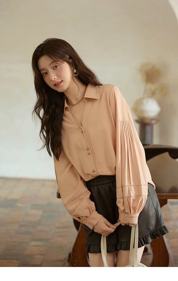 MISHOW Women's Lantern Sleeve Hollow Out Shirt Lapel Solid Top MXE41C2359
