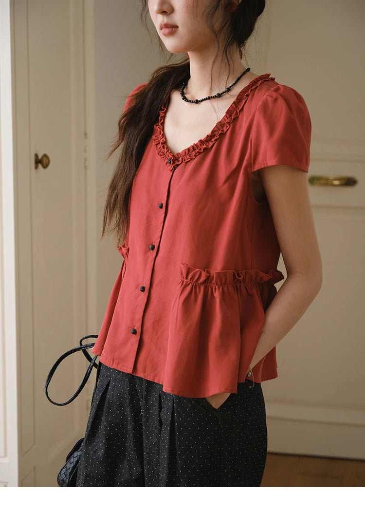 MISHOW Mushroom Edge V-Neck Blouse Button Short Sleeve MXE38X1867