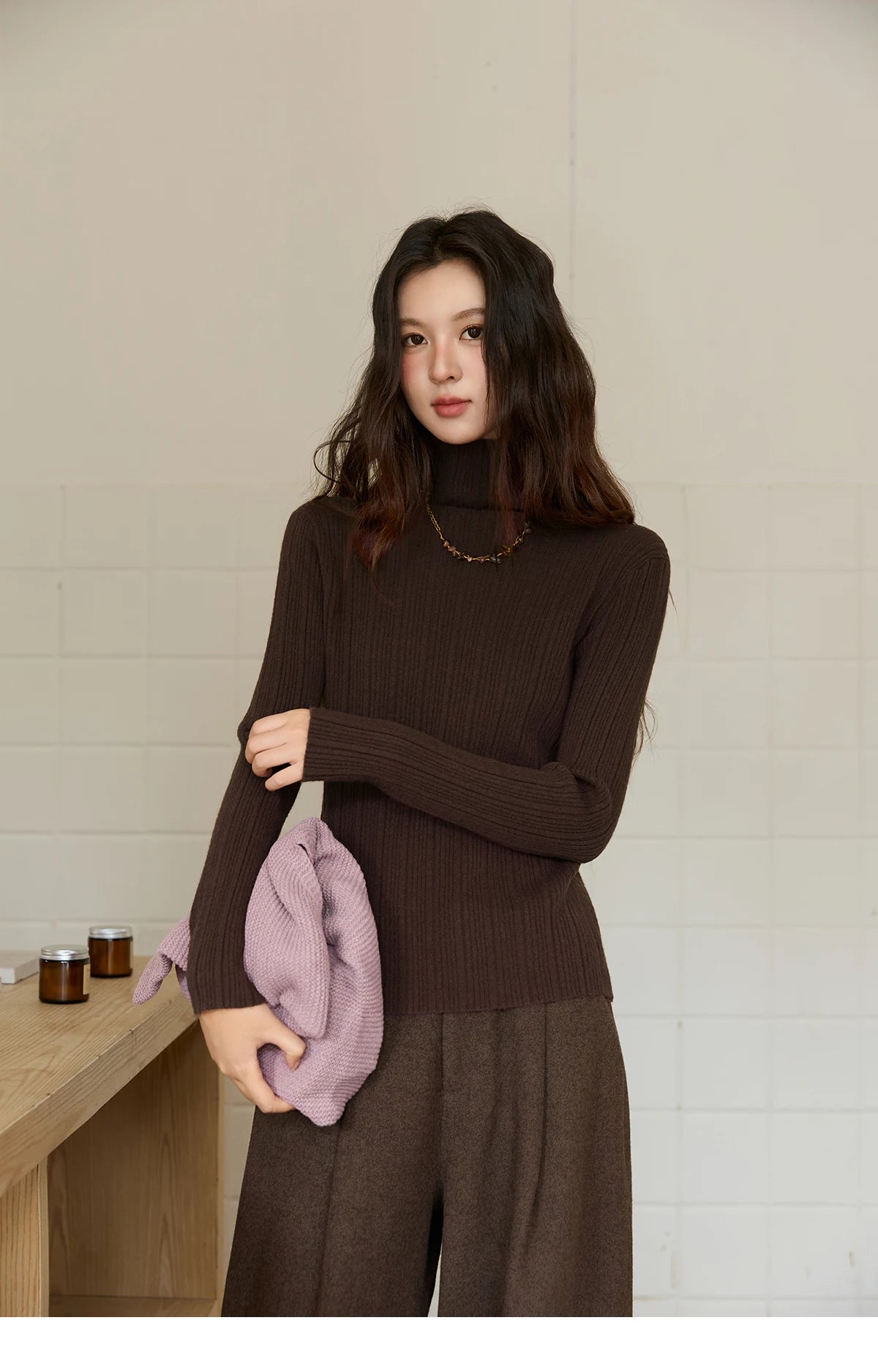 Mishow Solid Turtleneck Vertical Ribbed Slim Top MXE86Z2656