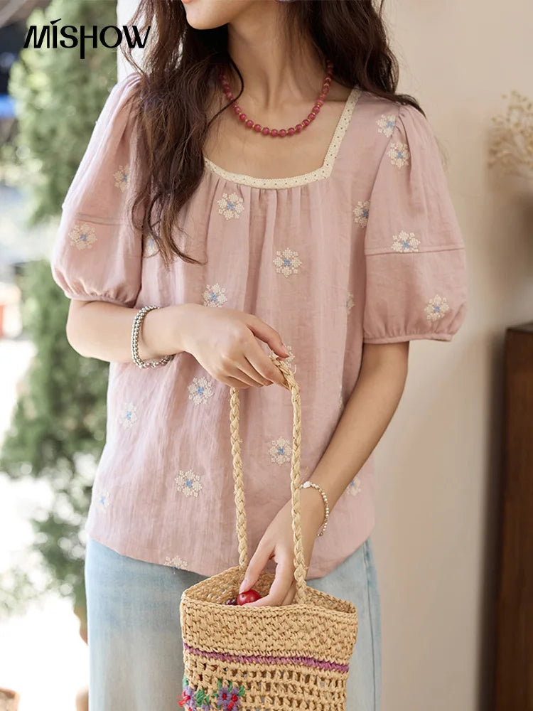 MISHOW Pink Embroidered Linen Blouse Square Collar Lace Patchwork MXE35X1834