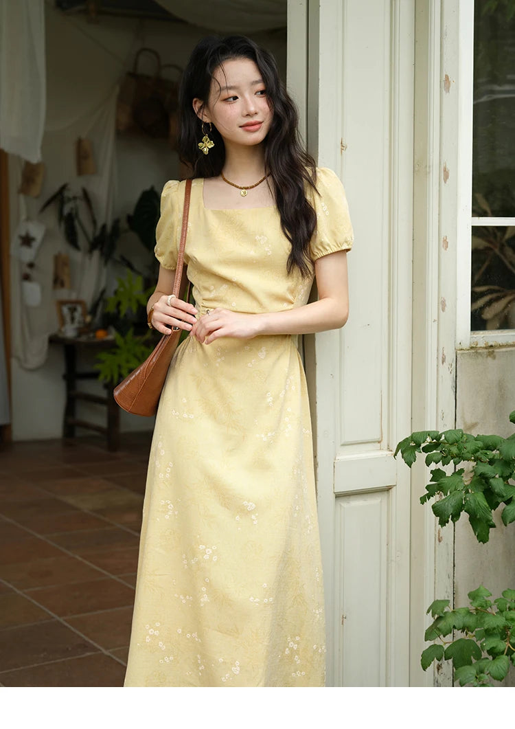 Mishow Square Neck Puff Sleeve Bamboo Jacquard Dress MXE39L2415