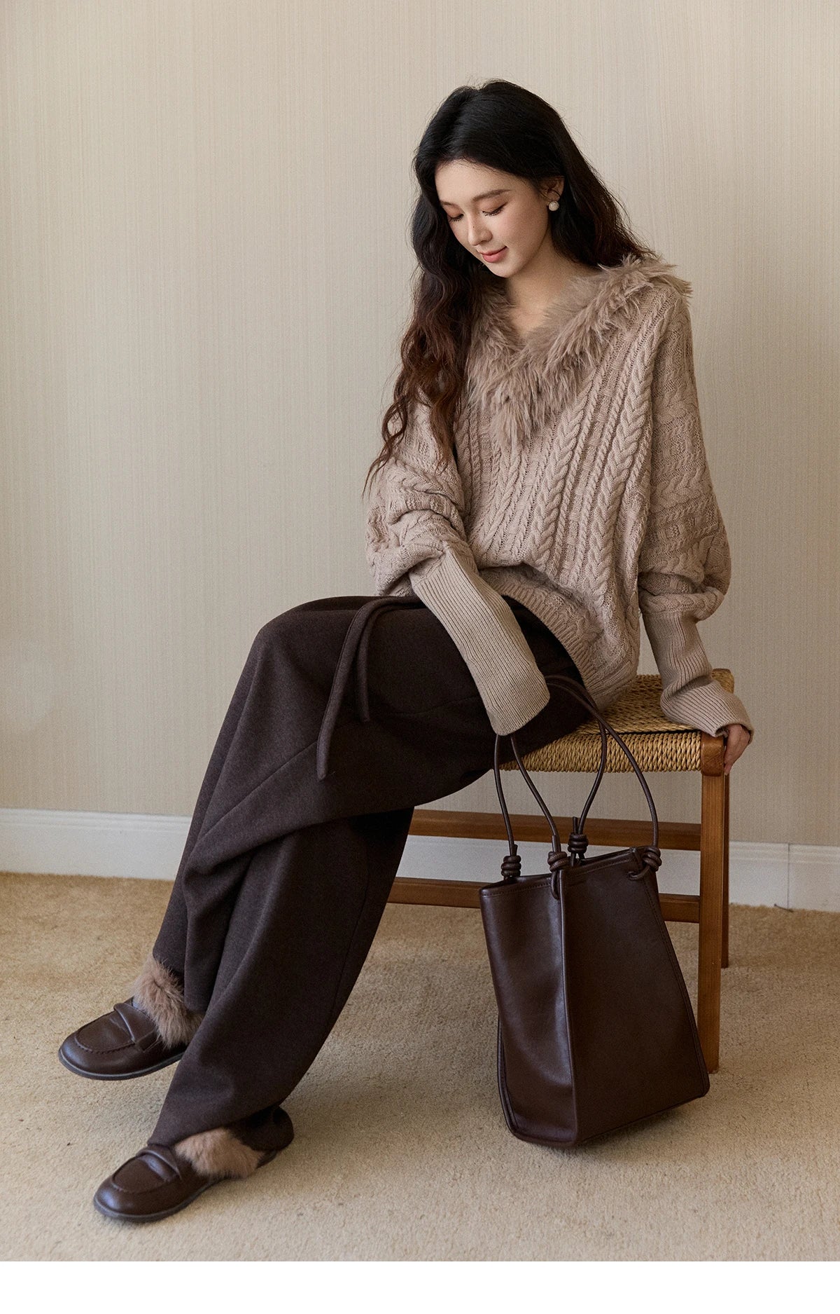 Mishow Faux Fur Collar Batwing Cable Knit Pullover MXE94Z2985