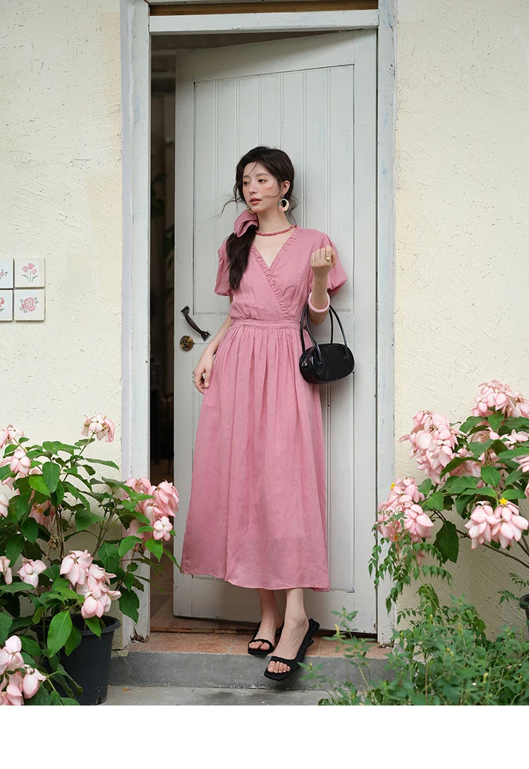Mishow V-Neck Puff Sleeve Pocket Sash Dress MXE39L2381