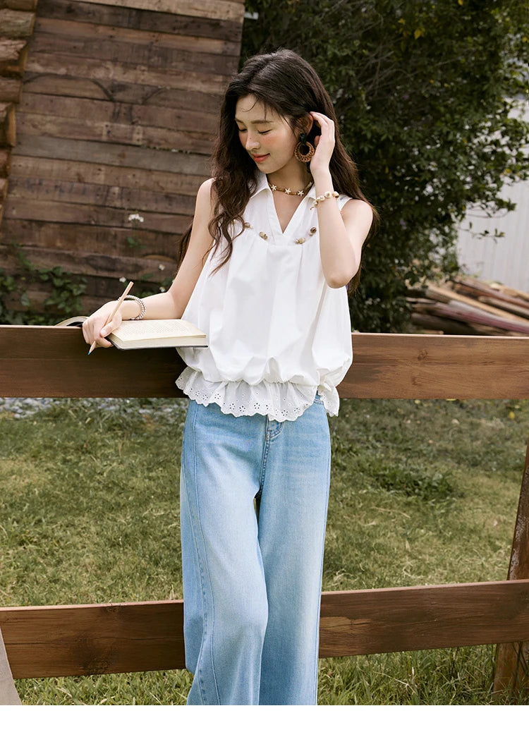 MISHOW Sleeveless Blouse Turn-Down Collar Hollow Lace MXE31X1760