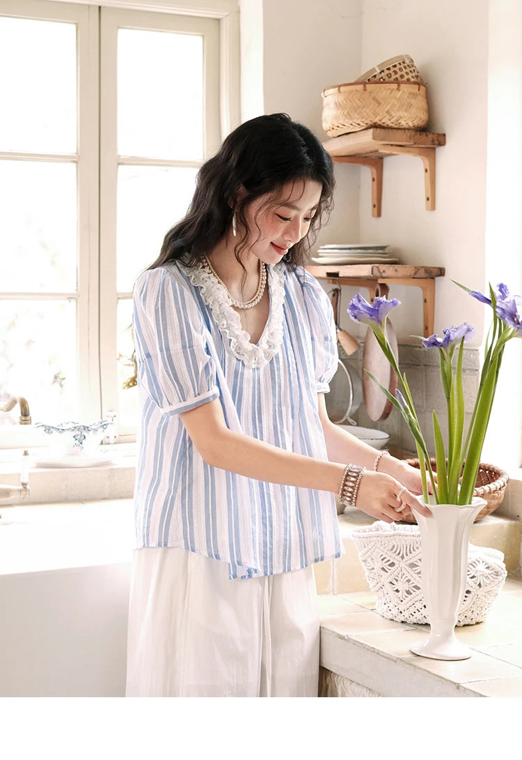 MISHOW Cotton Striped Blouse Lantern Sleeve Lace V-Neck MXE36X1845