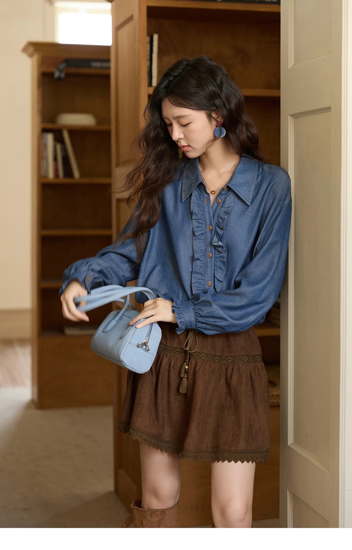 MISHOW Blue Lyocell Denim Shirt Ruffled Placket Waist Cinc MXE43C2386