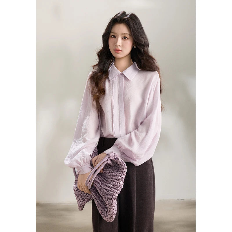 MISHOW Lapel Lantern Sleeve Shirt Lace Trim Loose MXF13C2436