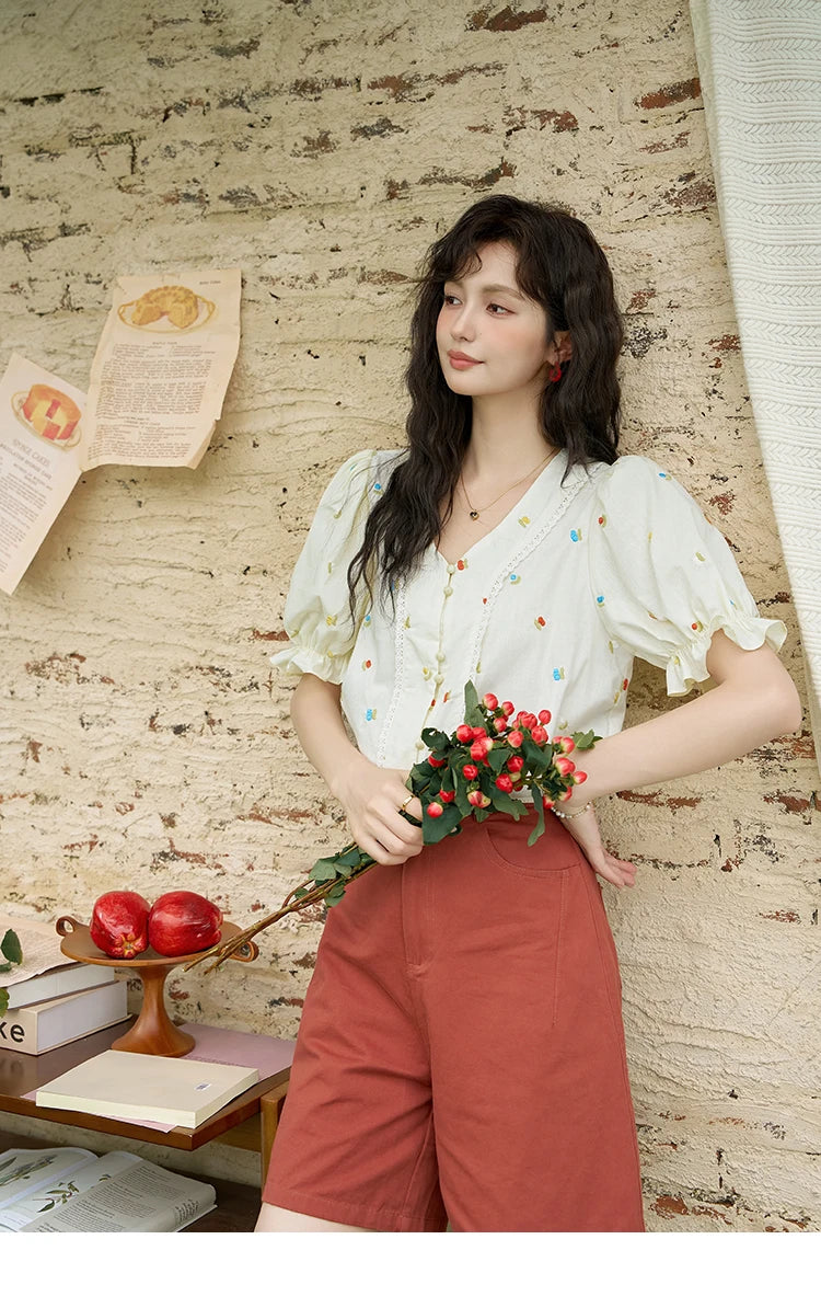 MISHOW 100% Cotton Square Neck Blouse Embroidered Lace Patchwork Puff Sleeve MXD22X1420