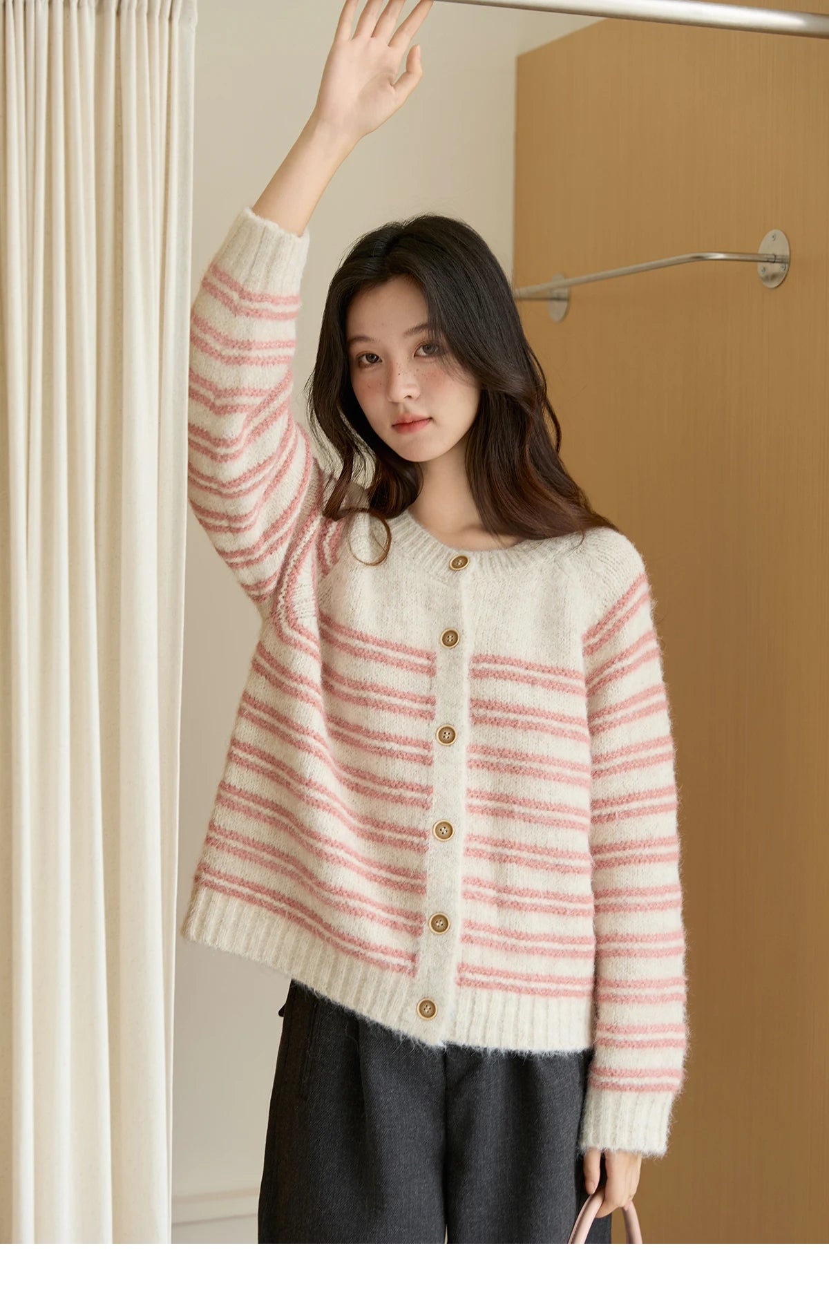 Mishow Pink Striped Wool Blend Cardigan MXE49Z2615