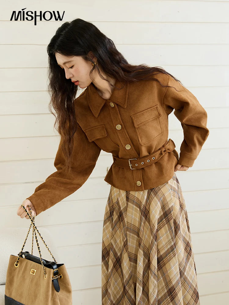 MISHOW Brown Lapel Jacket Metal Button Decorated Windproof MXE46W0864