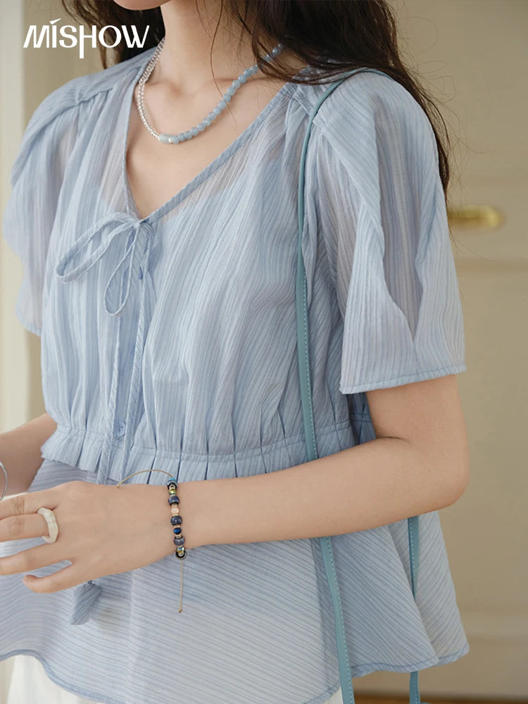 MISHOW V-Neck Blouse Splicing Button Lace Up Short Sleeve MXE34X1821