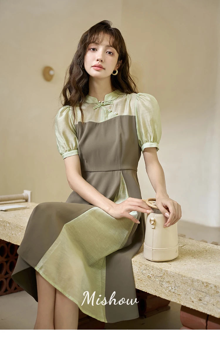 Mishow Chinese Style Puff Sleeve Fake Two-Piece Dress MXC35L1354