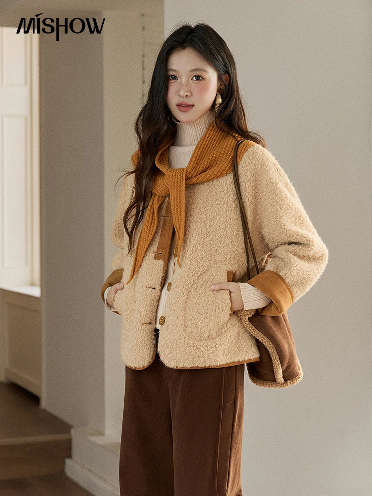 Mishow Lamb Wool Jacket with Color Block Knitted Shawl MXE91W0969