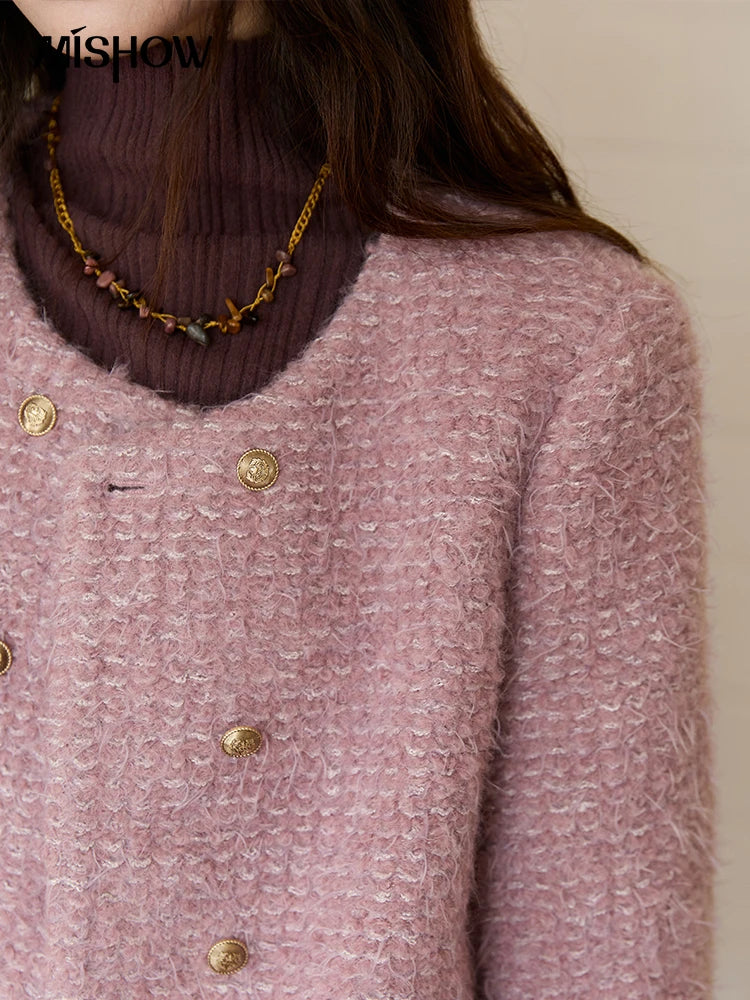 Mishow Purple Double-Breasted Tweed Wool Coat MXE88W0881