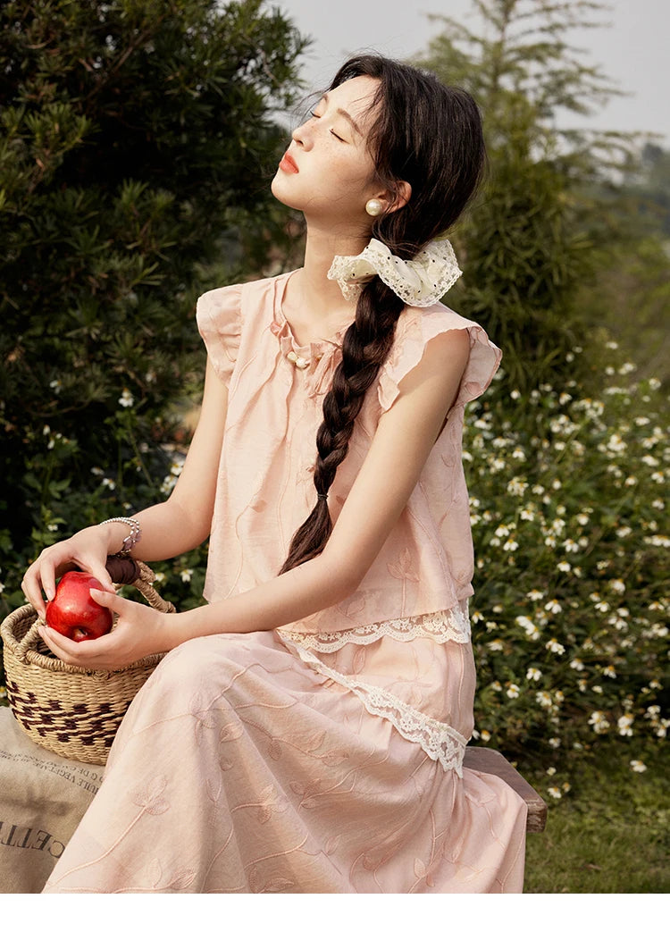 Mishow Short Flying Sleeve Top & Hollow Embroidery A-Line Skirt Set MXE33T0545