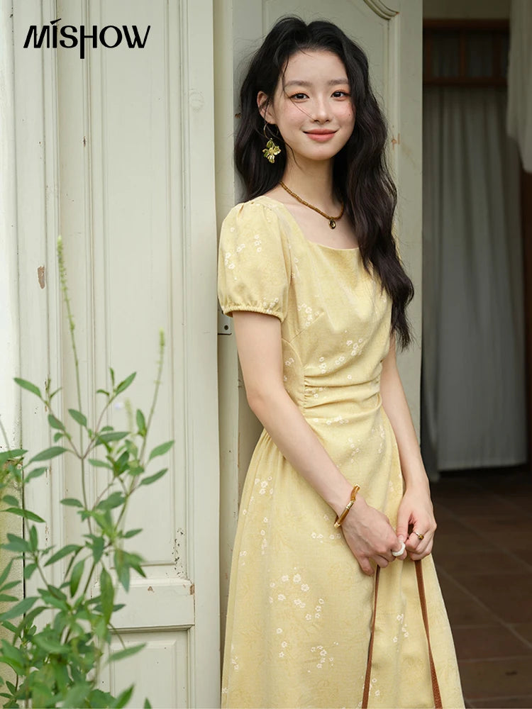 Mishow Square Neck Puff Sleeve Bamboo Jacquard Dress MXE39L2415