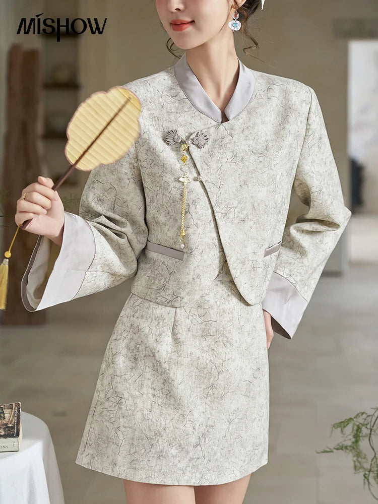 Mishow Chinese Stand Collar Jacket & A-Line Skirt Set MXD15W0373
