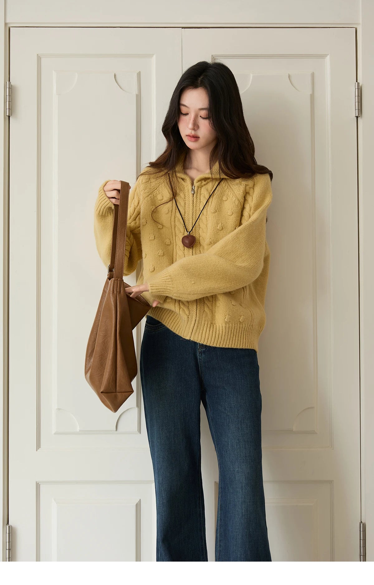 Mishow Yellow Zipper Turn-Down Collar Cardigan MXE49Z2619