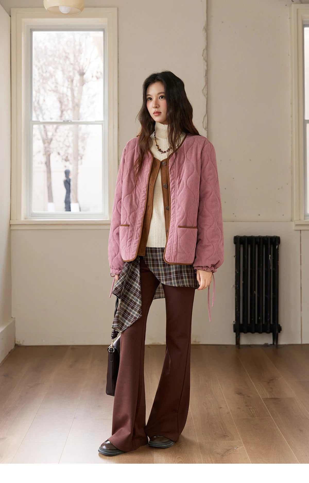 MISHOW Pink Purple Corduroy Jacket Gourd Pattern Splicing Suede MXE88W0882