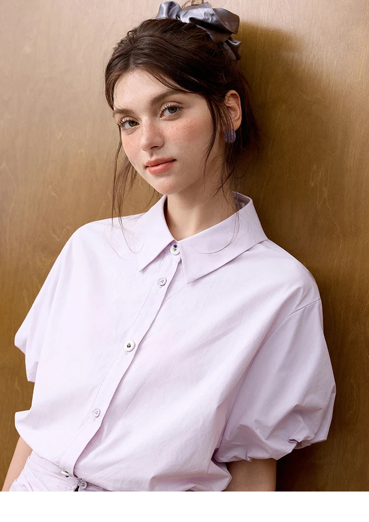 MISHOW Purple Cotton Blouse Turn-Down Collar Short Sleeve MXE32X1794