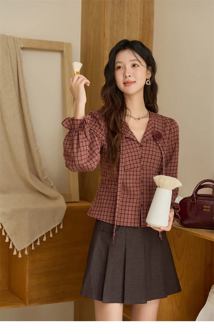 MISHOW Red Tied Plaid Shirt 3D Floral Detail MXE45X2481