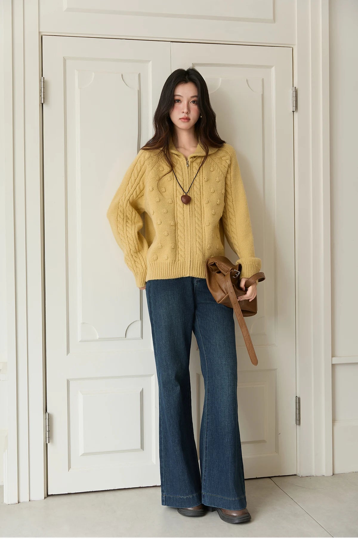 Mishow Yellow Zipper Turn-Down Collar Cardigan MXE49Z2619