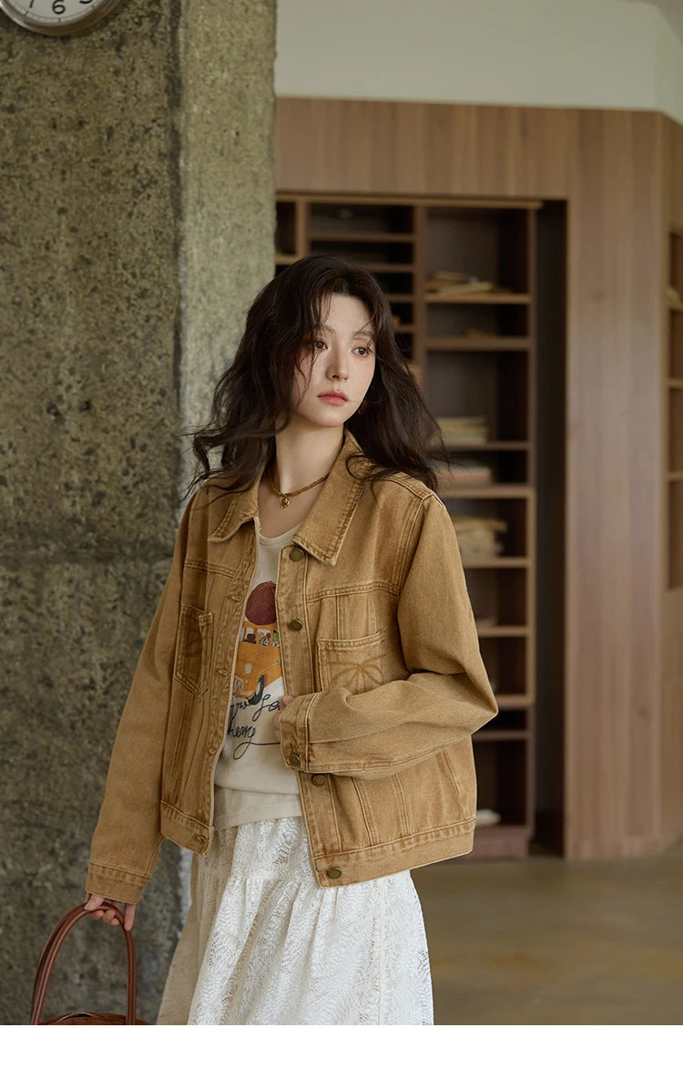 MISHOW Light Brown Denim Jacket Embroidered Pockets Dropped Sleeve MXE41W0795