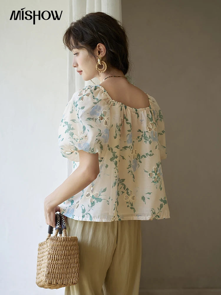 MISHOW Floral Hollow Blouse Square Collar Puff Sleeve MXD29X1602