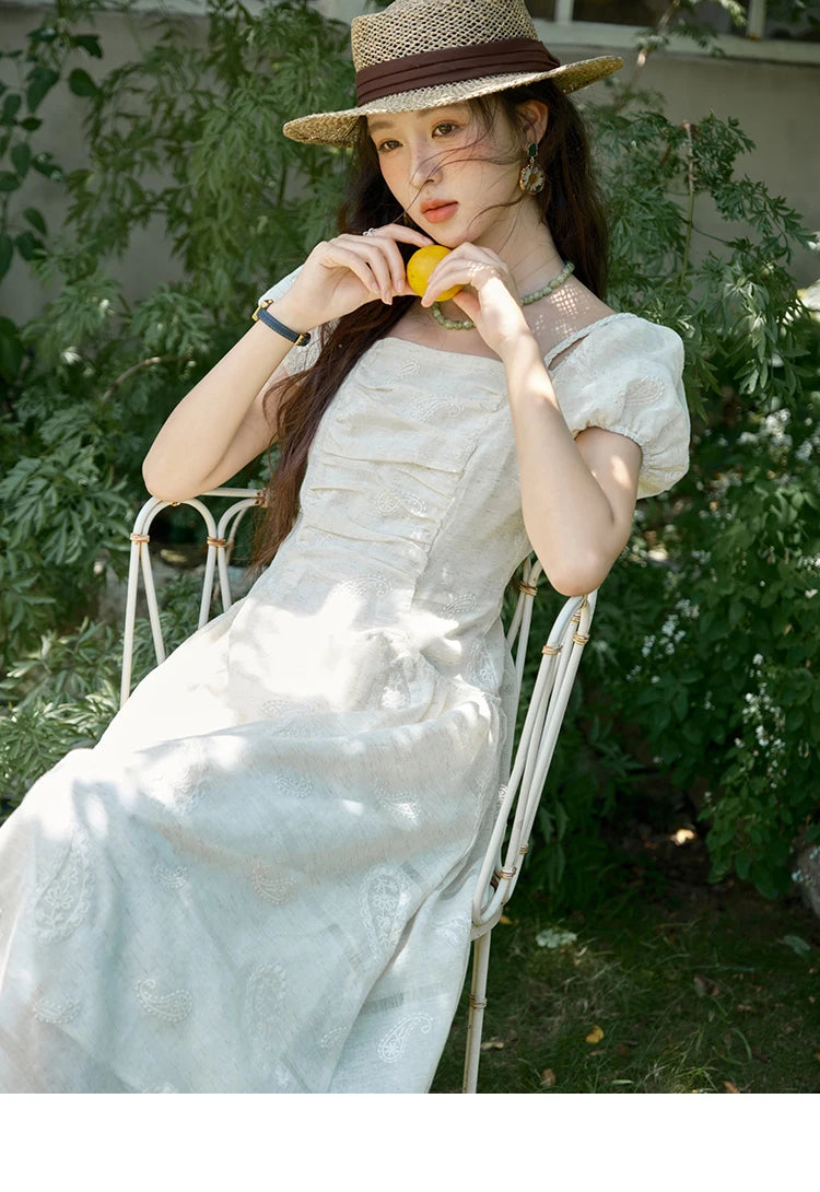 Mishow Paisley Embroidery Square Neck Puff Sleeve Dress MXE34L2265