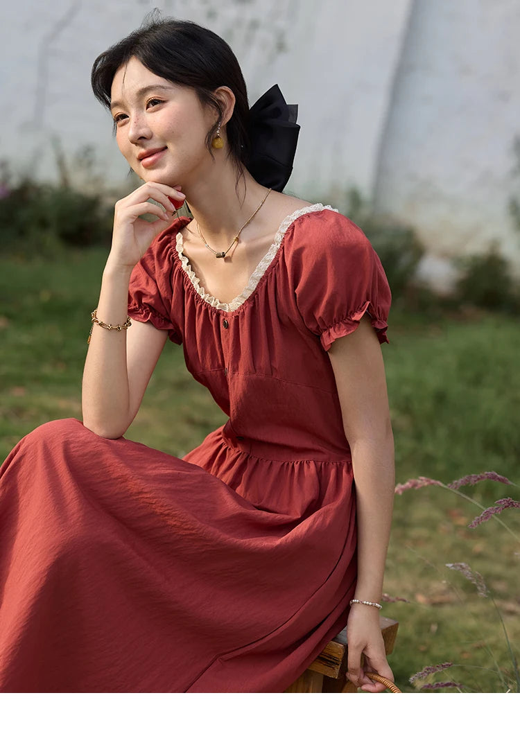 Mishow French Puff Sleeve Lace Neck Long Dress MXE35L2297