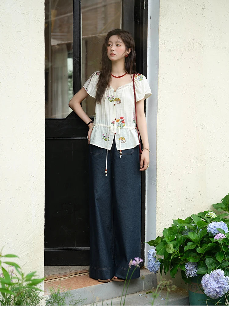 MISHOW Flower Embroidery Square Neck Lace Blouse MXE37X1895