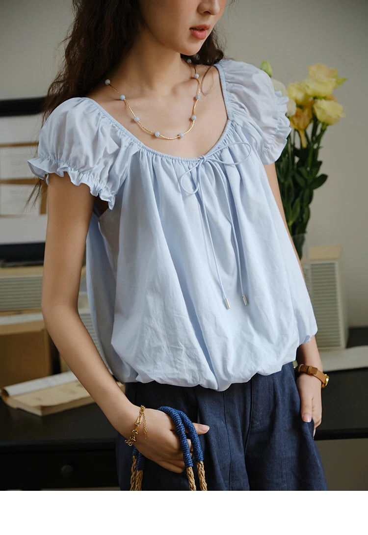 MISHOW Cotton Blouse Puff Sleeve Lace Up O-Neck MXE37X1893