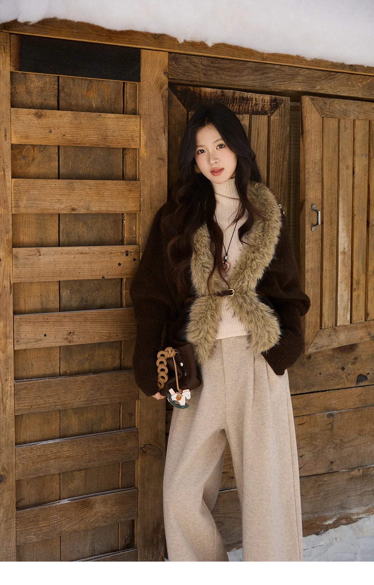 MISHOW Brown Knitted Cardigan Faux Fur Collar Batwing Sleeve MXE94Z2954