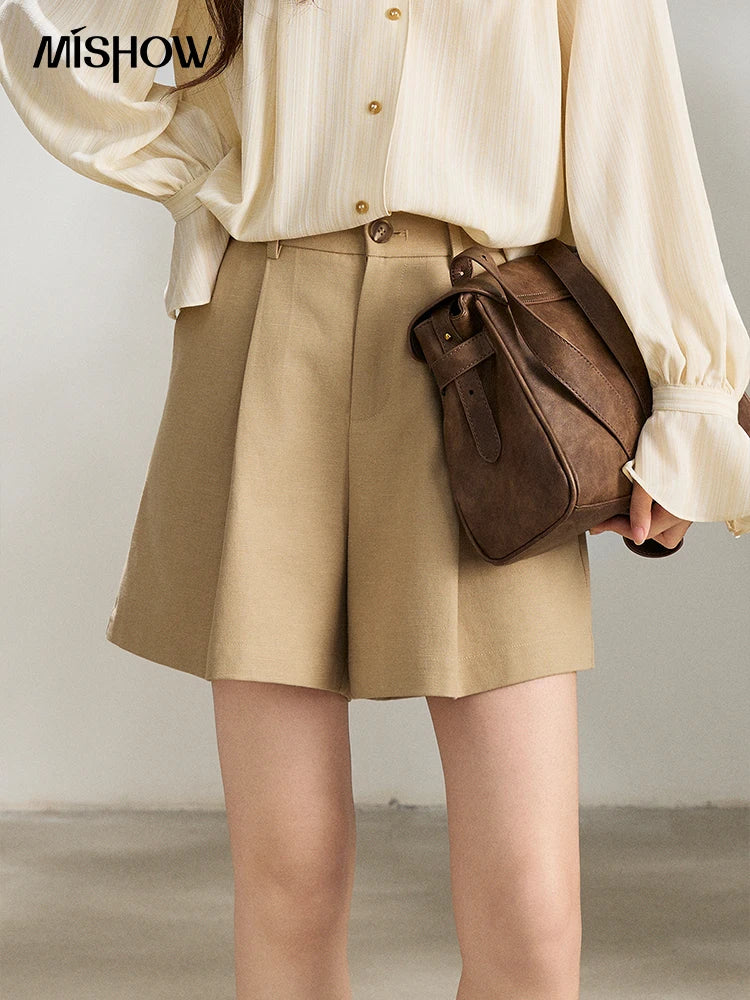Mishow Khaki High Waist Pleated Wide Leg Shorts MXF13K1202