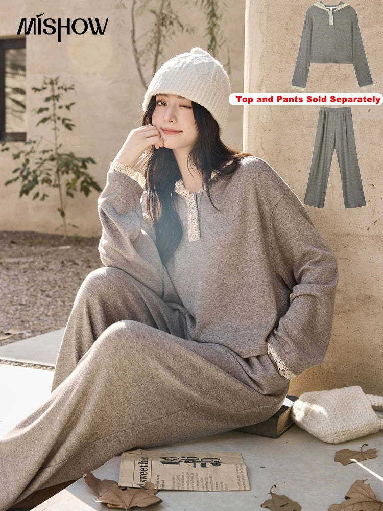 Mishow Lace Splicing Hooded Sweatshirt & Wide Leg Pants Set MXD34V0098