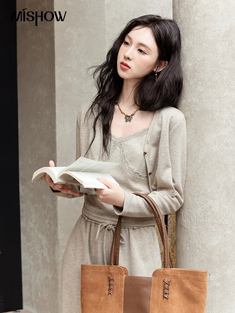 Mishow French Lace Splicing Camisole Cardigan & Straight Pants Set MXD47T0405