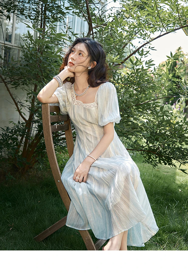 Mishow Striped Square Neck Lace Hollow Dress MXE39L2403