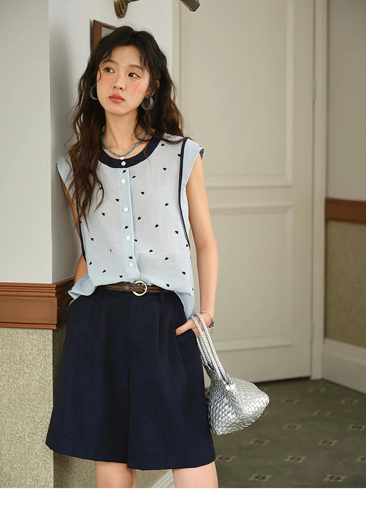 Mishow Sleeveless Button Shirt & High Waist A-Line Shorts Set MXE37T0656