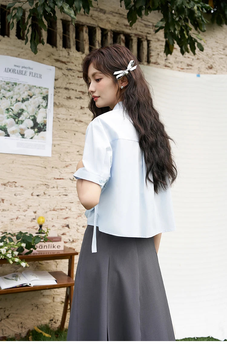 MISHOW Same Color Bow Embroidered Shirt Asymmetric Hem MXD23C0257