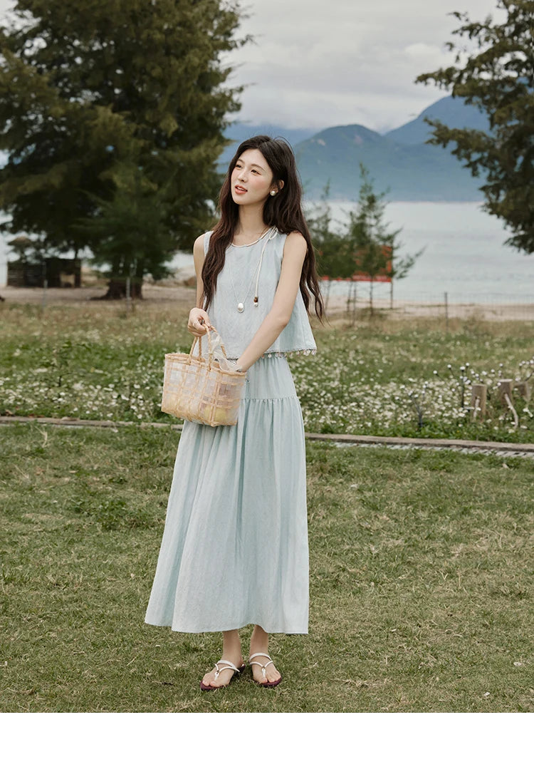 Mishow Sleeveless Round Neck Vest & Solid Midi Skirt Set MXE33T0526